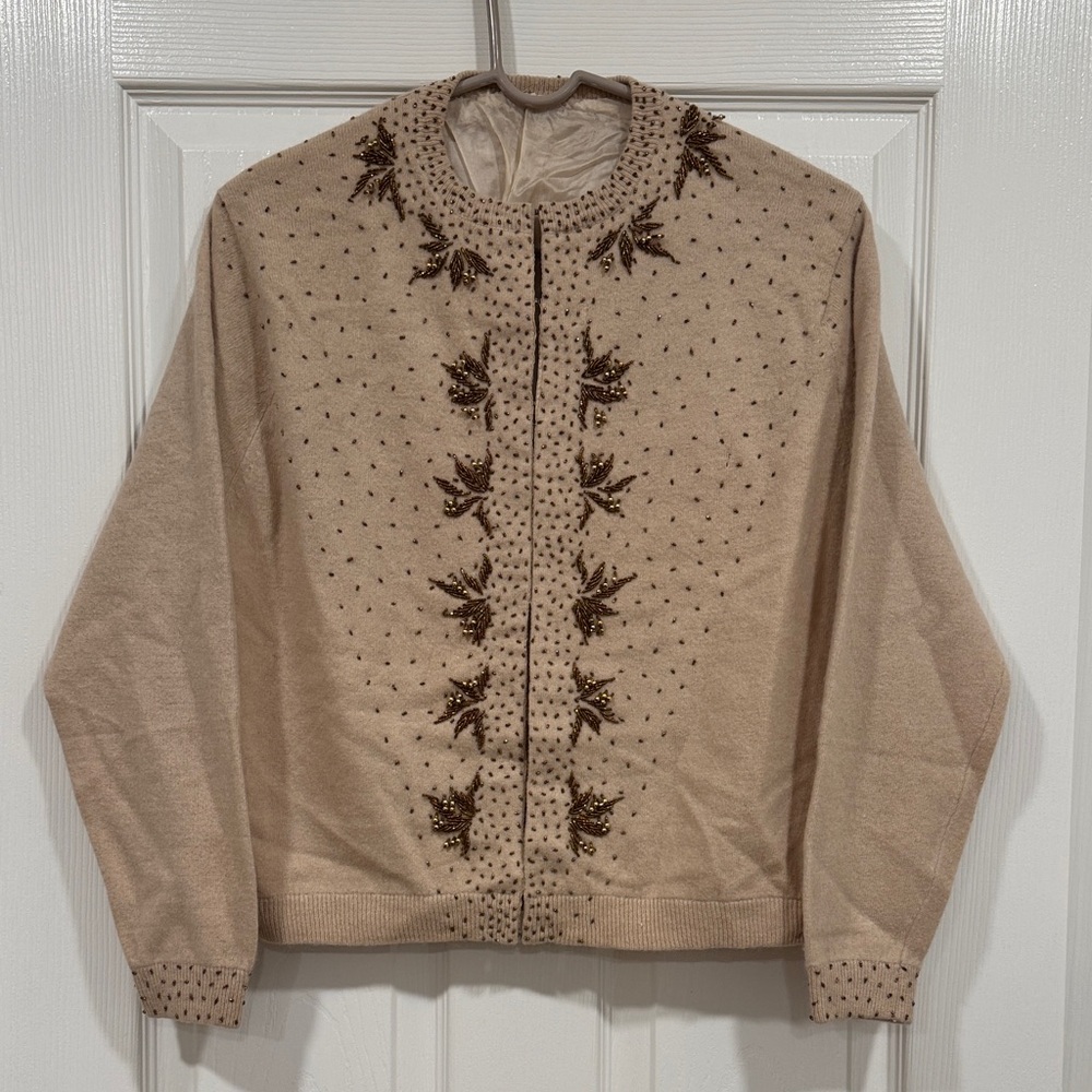 Vintage Beige Cardigan with Brown beading, lined M-ish